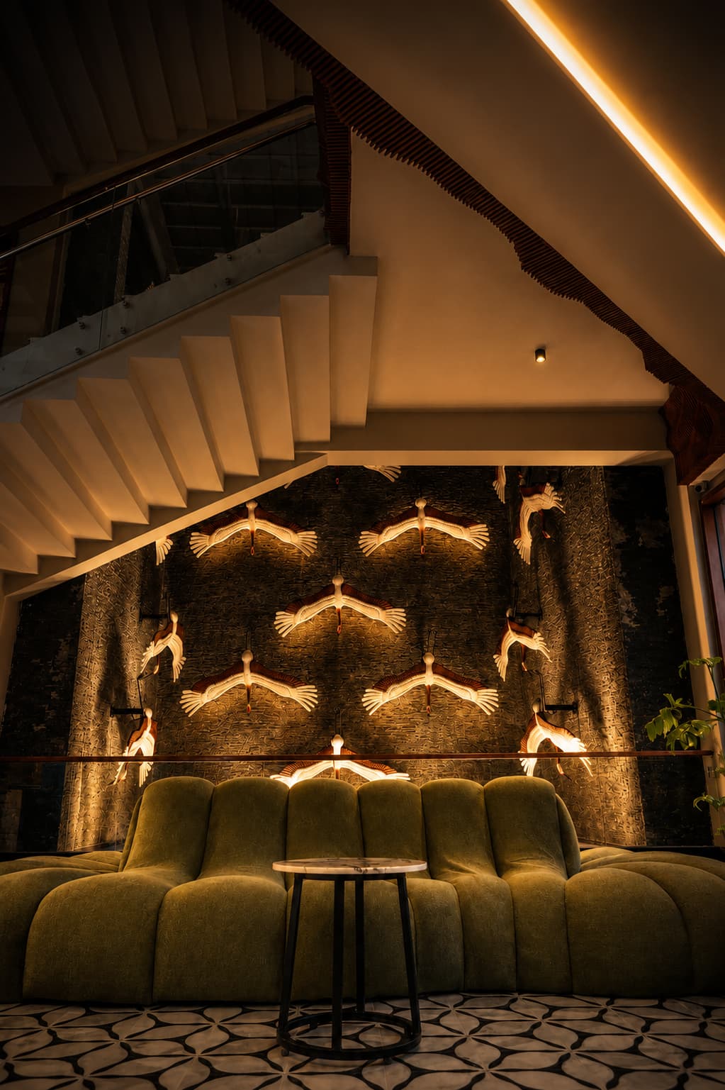 The staircase and crane wall in the lobby