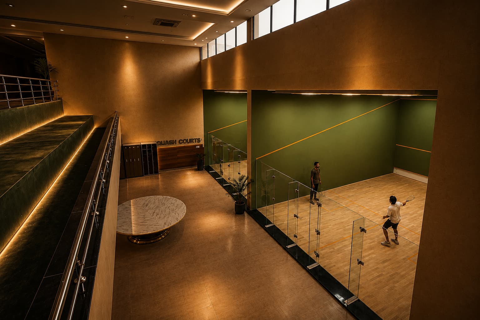Glass-walled squash courts at Grand Unicorn Club